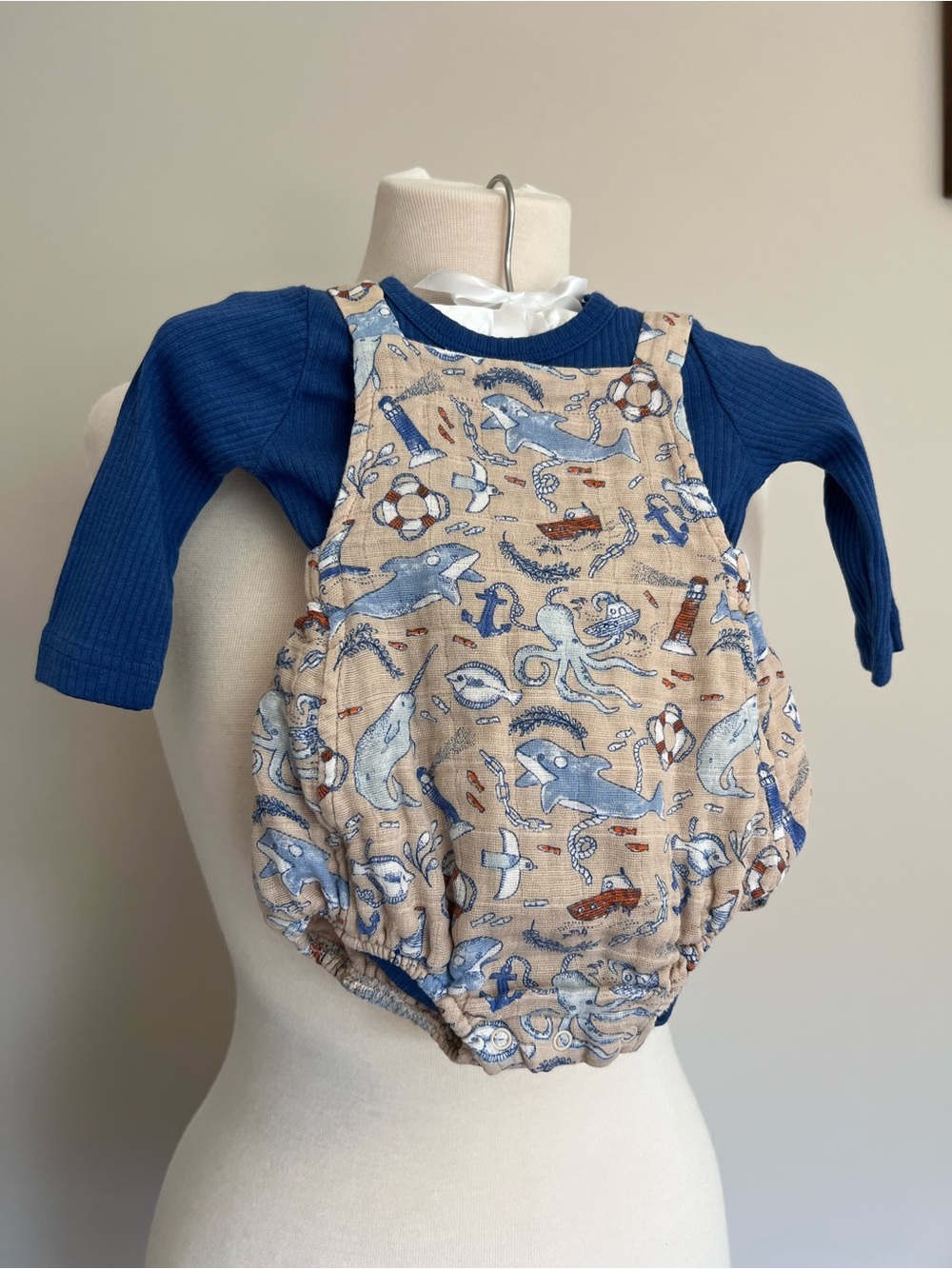 Angel Dear Nautical Sunsuit and Blue Onesie size 0-3 months Like New